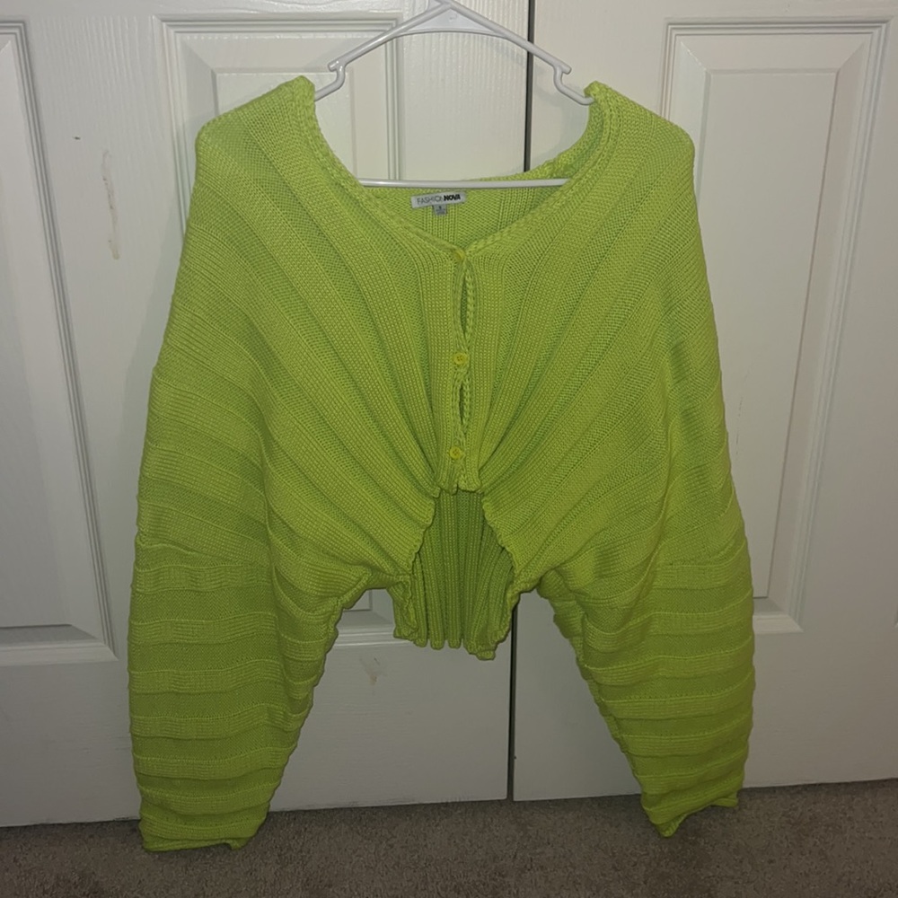 Like Green Cropped Bell Sleeved Cardigan Button Down